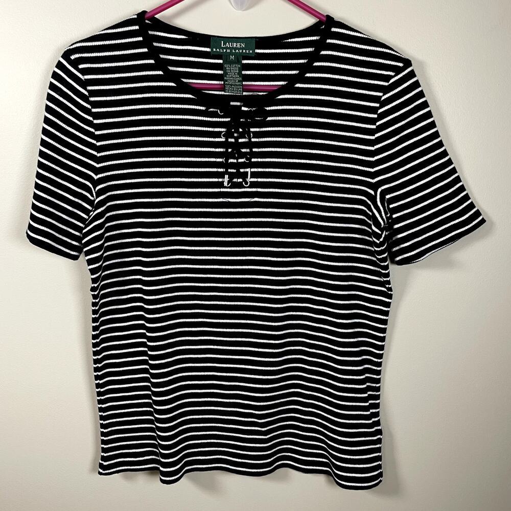 LAUREN RALPH LAUREN Black/White Stripe Lace Up MD‎ Short Sleeve Knit Top Preppy